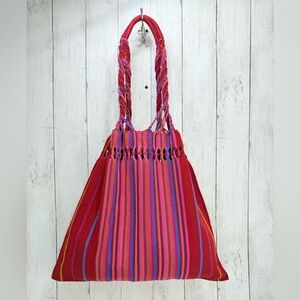 Handmade Hand Woven Cotton Red Rainbow Striped Mexican Tote Bag Boho, Bohemian
